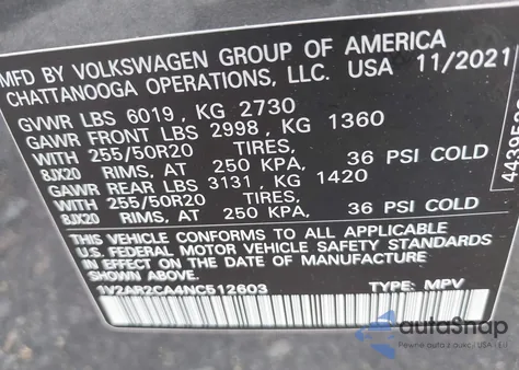 2022 Volkswagen Atlas 3.6L V6 Sel R-Line из США, поврежденный, VIN 1V2AR2CA4NC512603